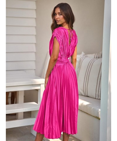 Elegant Satin V Neck Pleated Midi Dress Short Sleeve Formal High Waisted Flowy Long Summer Dresses for Women 2023 Rose Red $2...