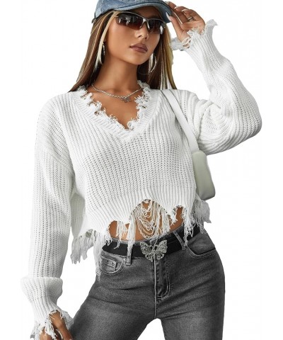 Women's Ripped Rib Knit Asymmetrical Hem Streetwear Sweaters Plain V Neck Crop Sweater Tops White $14.24 Sweaters