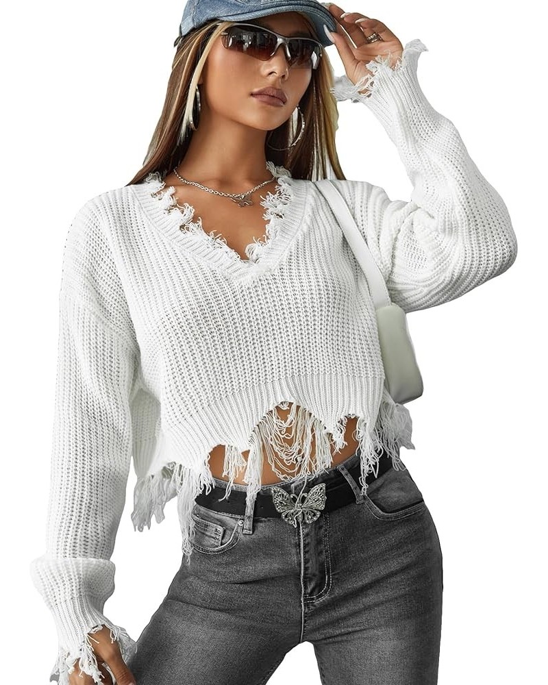 Women's Ripped Rib Knit Asymmetrical Hem Streetwear Sweaters Plain V Neck Crop Sweater Tops White $14.24 Sweaters