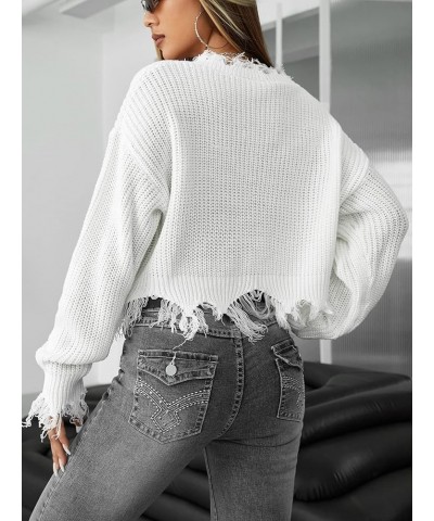 Women's Ripped Rib Knit Asymmetrical Hem Streetwear Sweaters Plain V Neck Crop Sweater Tops White $14.24 Sweaters