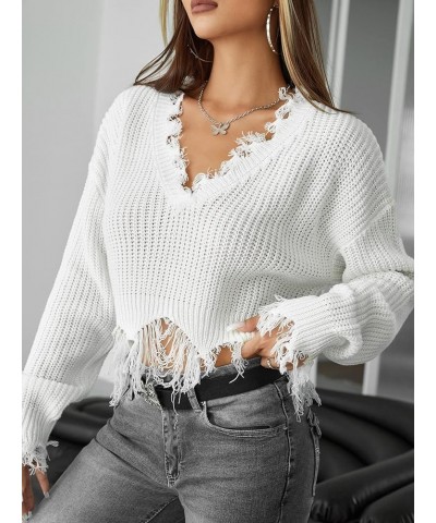 Women's Ripped Rib Knit Asymmetrical Hem Streetwear Sweaters Plain V Neck Crop Sweater Tops White $14.24 Sweaters