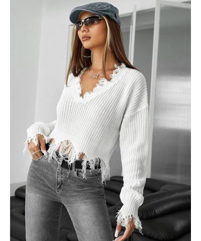 Women's Ripped Rib Knit Asymmetrical Hem Streetwear Sweaters Plain V Neck Crop Sweater Tops White $14.24 Sweaters