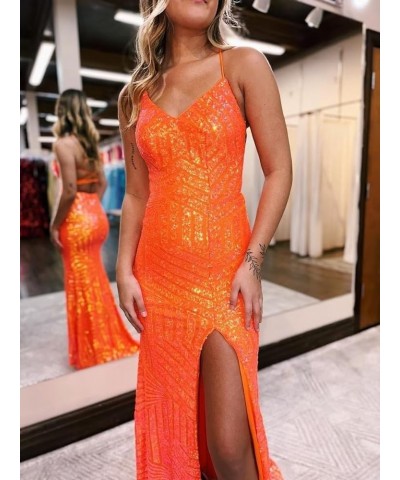 Spaghetti Straps V Neck Sequin Prom Dress with Slit Sparkly Mermaid Formal Dresses Long Backless Evening Gown Baby Blue $34.4...