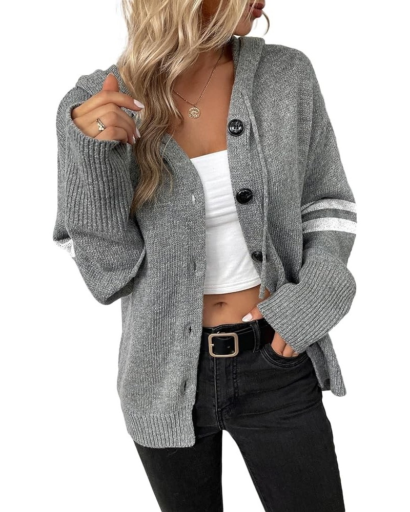 Women's Casual Cardigan V Neck Button Down Hooded Sweaters Long Sleeve Hoodies Outfits Striped-lightgrey $19.94 Sweaters