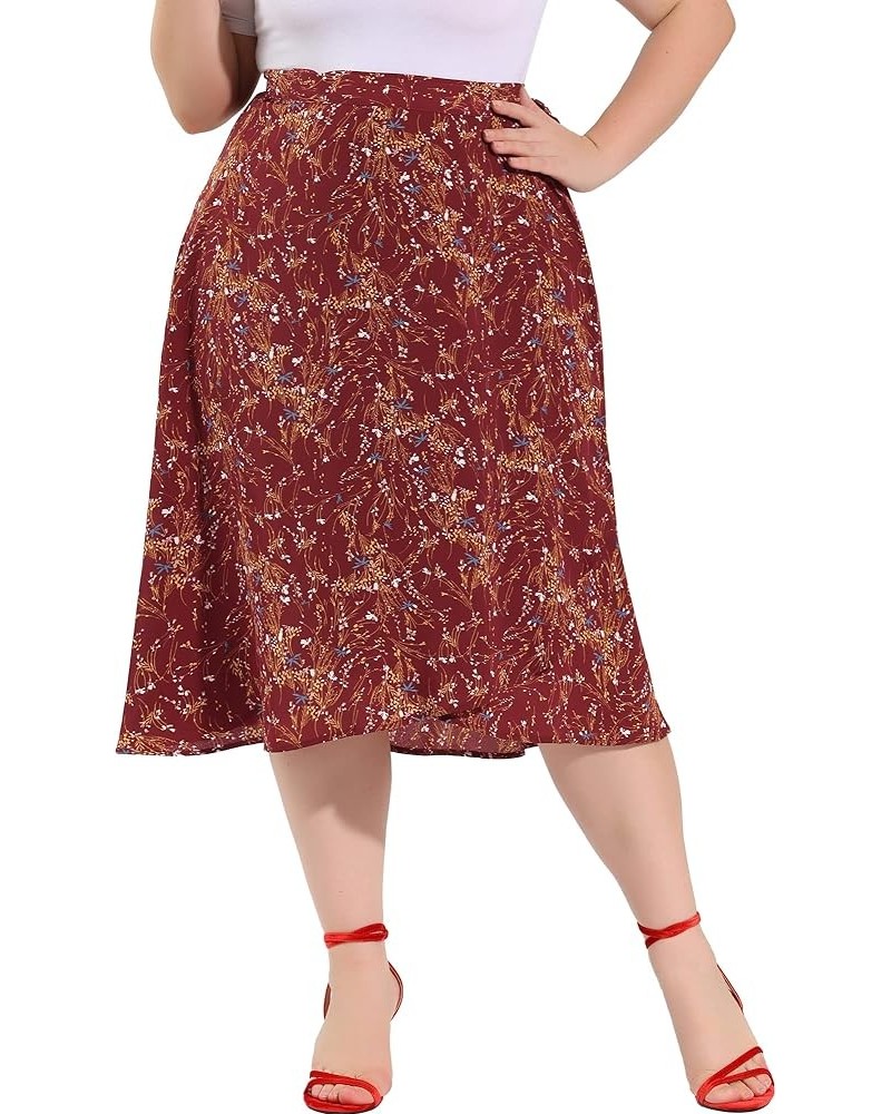 Women's Plus Size a Line Midi Skirt Boho Chic Ruffled Hem Wrap Floral Skirt 2023 Red $18.50 Skirts