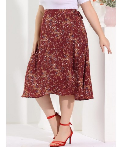 Women's Plus Size a Line Midi Skirt Boho Chic Ruffled Hem Wrap Floral Skirt 2023 Red $18.50 Skirts