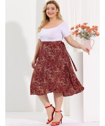 Women's Plus Size a Line Midi Skirt Boho Chic Ruffled Hem Wrap Floral Skirt 2023 Red $18.50 Skirts