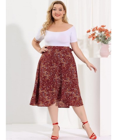 Women's Plus Size a Line Midi Skirt Boho Chic Ruffled Hem Wrap Floral Skirt 2023 Red $18.50 Skirts