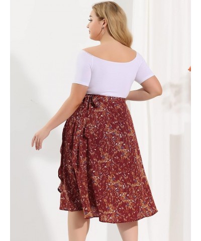 Women's Plus Size a Line Midi Skirt Boho Chic Ruffled Hem Wrap Floral Skirt 2023 Red $18.50 Skirts