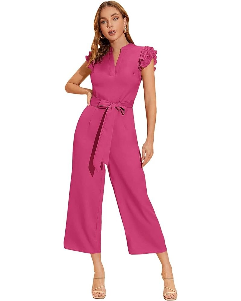 Women's Layered Ruffle Cap Sleeve Notched V Neck Belted Jumpsuit Pants Pink $31.79 Jumpsuits