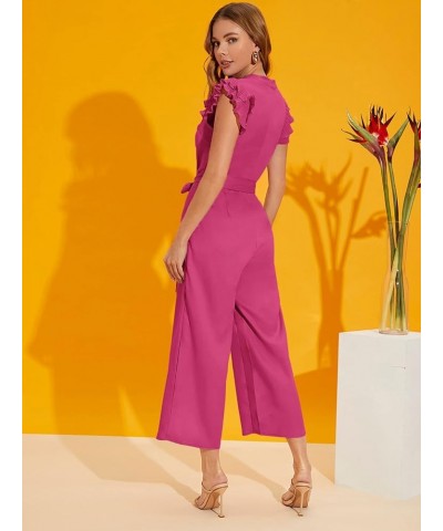 Women's Layered Ruffle Cap Sleeve Notched V Neck Belted Jumpsuit Pants Pink $31.79 Jumpsuits