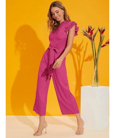 Women's Layered Ruffle Cap Sleeve Notched V Neck Belted Jumpsuit Pants Pink $31.79 Jumpsuits