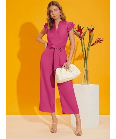 Women's Layered Ruffle Cap Sleeve Notched V Neck Belted Jumpsuit Pants Pink $31.79 Jumpsuits