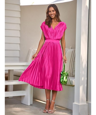 Elegant Satin V Neck Pleated Midi Dress Short Sleeve Formal High Waisted Flowy Long Summer Dresses for Women 2023 Rose Red $2...