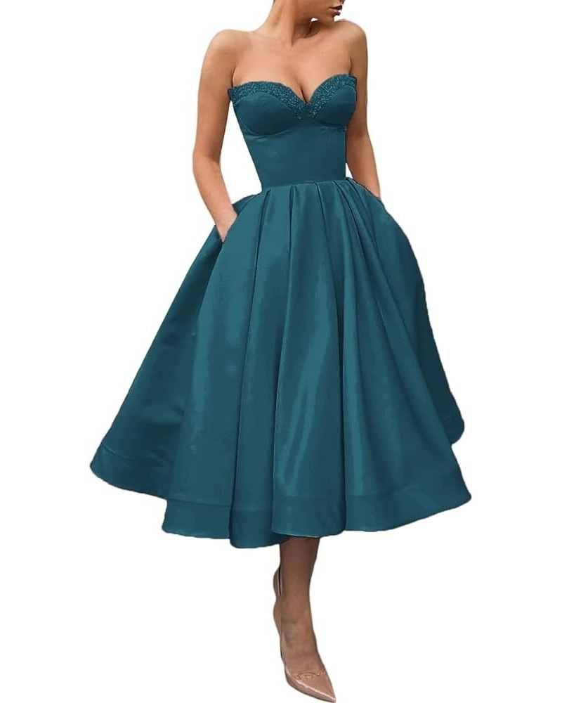 Women's Short Prom Dresses Ruched A-line Satin Sequins Tea Length Formal Evening Party Dress with Pockets Teal $34.96 Dresses