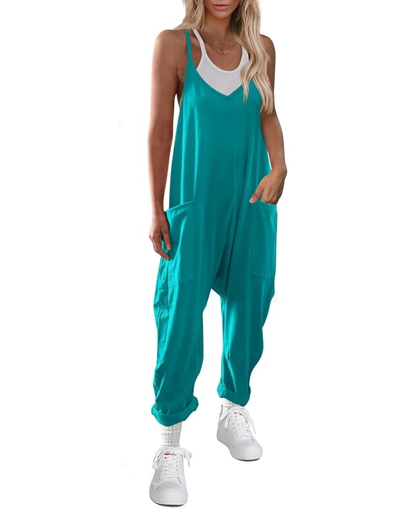 Womens V Neck Sleeveless Jumpsuits Loose Overalls Spaghetti Strap Harem Long Pants With Pockets Teal $23.59 Jumpsuits