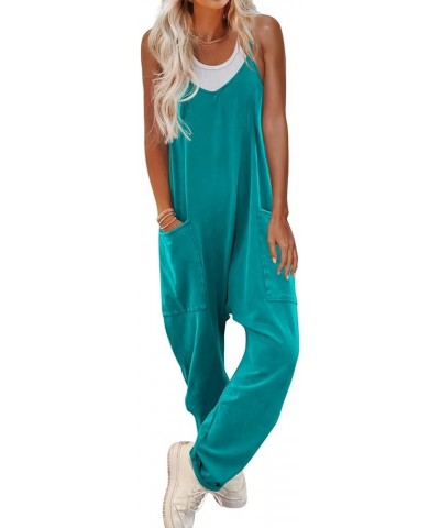 Womens V Neck Sleeveless Jumpsuits Loose Overalls Spaghetti Strap Harem Long Pants With Pockets Teal $23.59 Jumpsuits