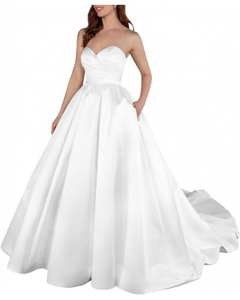 Strapless Satin Wedding Dresses for Bride White Backless Bow Bridal Evening Party Ball Gown with Pocket Style04-white $43.30 ...