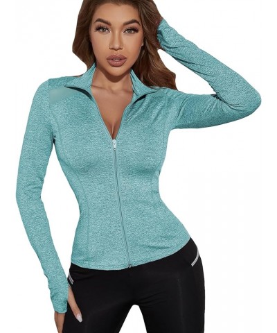 Women's Long Sleeve Zip Up Workout Sports Jacket Coat Warm Up Jacket with Thumb Holes Mint Blue $13.74 Jackets