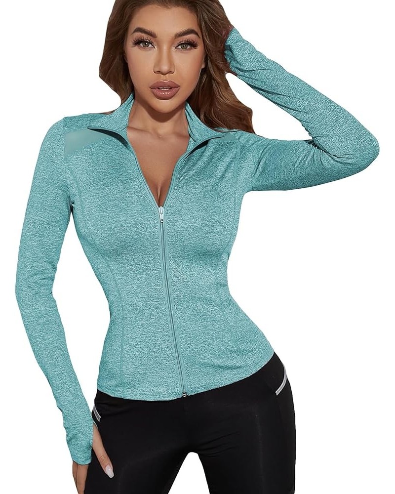 Women's Long Sleeve Zip Up Workout Sports Jacket Coat Warm Up Jacket with Thumb Holes Mint Blue $13.74 Jackets