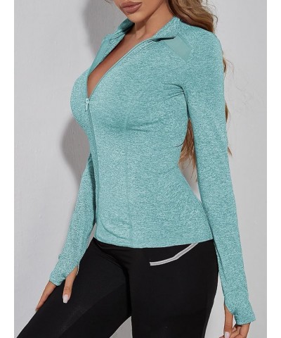 Women's Long Sleeve Zip Up Workout Sports Jacket Coat Warm Up Jacket with Thumb Holes Mint Blue $13.74 Jackets