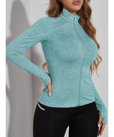 Women's Long Sleeve Zip Up Workout Sports Jacket Coat Warm Up Jacket with Thumb Holes Mint Blue $13.74 Jackets