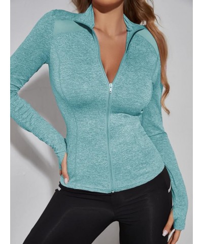 Women's Long Sleeve Zip Up Workout Sports Jacket Coat Warm Up Jacket with Thumb Holes Mint Blue $13.74 Jackets