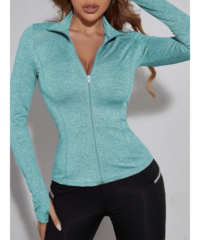 Women's Long Sleeve Zip Up Workout Sports Jacket Coat Warm Up Jacket with Thumb Holes Mint Blue $13.74 Jackets