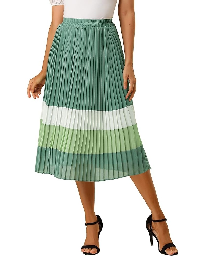 Women's Summer Elastic Waist Color Block A-Line Pleated Chiffon Midi Skirt Green $21.65 Skirts