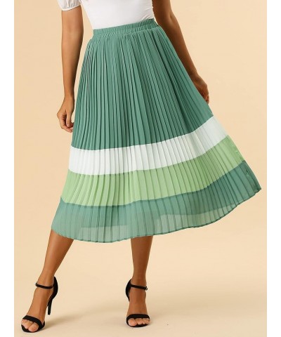 Women's Summer Elastic Waist Color Block A-Line Pleated Chiffon Midi Skirt Green $21.65 Skirts