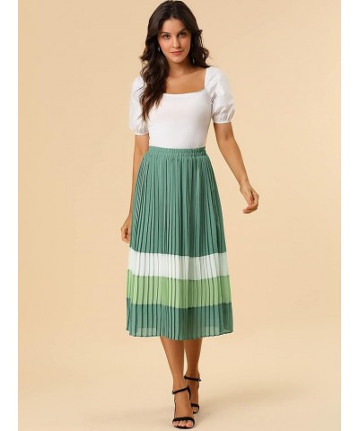 Women's Summer Elastic Waist Color Block A-Line Pleated Chiffon Midi Skirt Green $21.65 Skirts