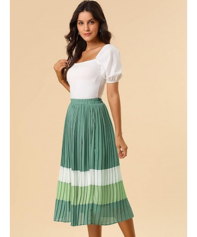 Women's Summer Elastic Waist Color Block A-Line Pleated Chiffon Midi Skirt Green $21.65 Skirts