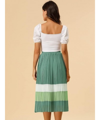 Women's Summer Elastic Waist Color Block A-Line Pleated Chiffon Midi Skirt Green $21.65 Skirts