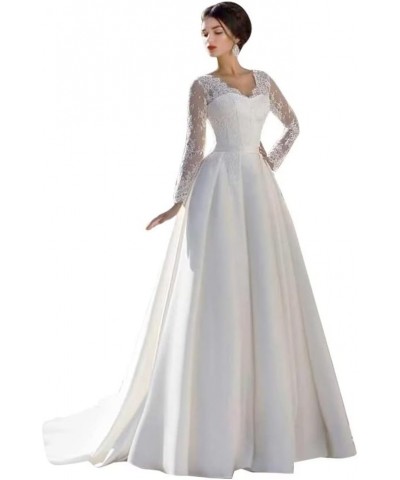 Long Sleeve Lace Wedding Dresses for Bride Satin Ball Gowns Simple V Neck Bridal Gowns for Women Ivory $47.70 Dresses