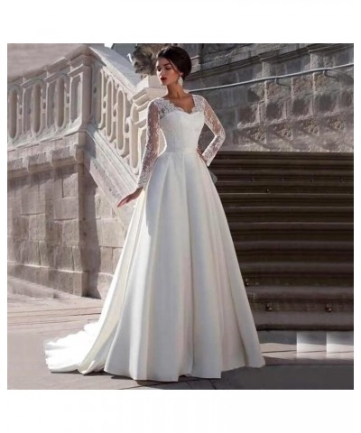 Long Sleeve Lace Wedding Dresses for Bride Satin Ball Gowns Simple V Neck Bridal Gowns for Women Ivory $47.70 Dresses