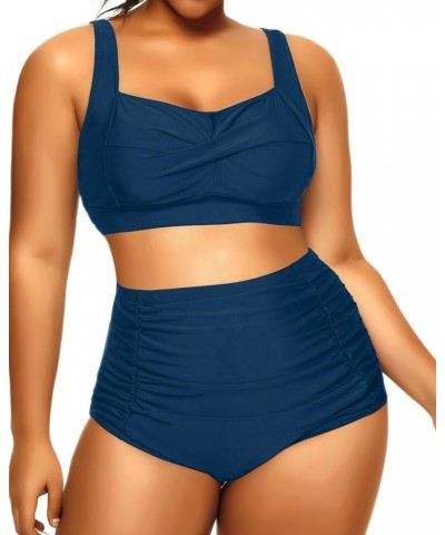 Women Plus Size High Waisted Bikini Two Piece Tummy Control Swimsuits Twist Front Retro Bathing Suits with Ruched Bottom Dark...