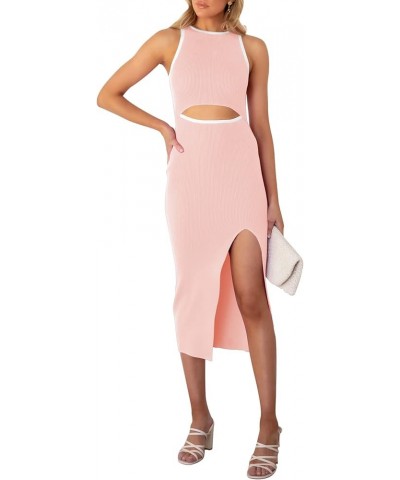 Women's Cutout Crew Neck Sleeveless Tank Slit Ribbed Bodycon Midi Dresses Light Pink Solid $21.00 Dresses