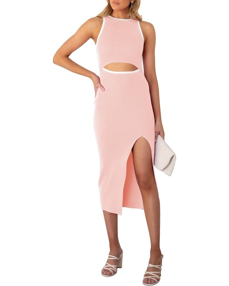 Women's Cutout Crew Neck Sleeveless Tank Slit Ribbed Bodycon Midi Dresses Light Pink Solid $21.00 Dresses