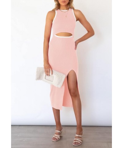 Women's Cutout Crew Neck Sleeveless Tank Slit Ribbed Bodycon Midi Dresses Light Pink Solid $21.00 Dresses