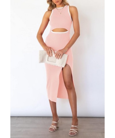 Women's Cutout Crew Neck Sleeveless Tank Slit Ribbed Bodycon Midi Dresses Light Pink Solid $21.00 Dresses