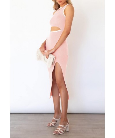 Women's Cutout Crew Neck Sleeveless Tank Slit Ribbed Bodycon Midi Dresses Light Pink Solid $21.00 Dresses