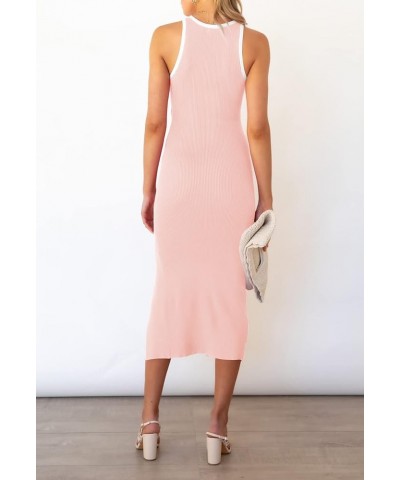 Women's Cutout Crew Neck Sleeveless Tank Slit Ribbed Bodycon Midi Dresses Light Pink Solid $21.00 Dresses