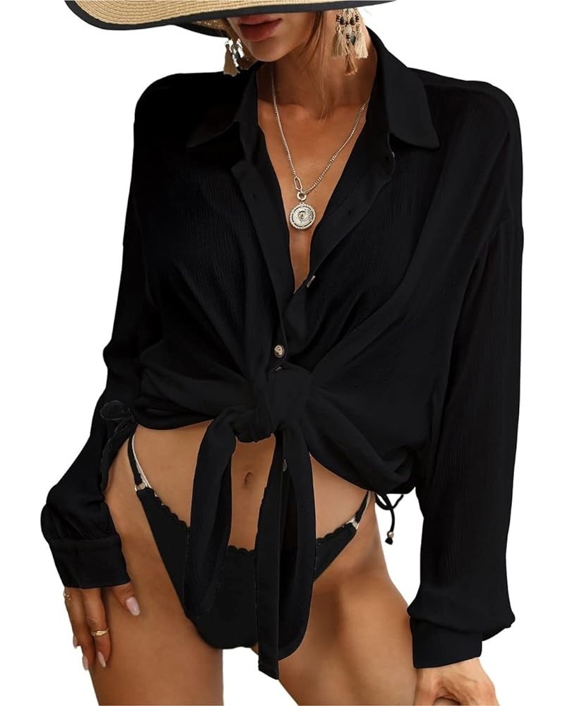 Swimsuit Coverup for Women Button Down Shirt Cover Up Beach Blouse Tops Black $12.80 Swimsuits