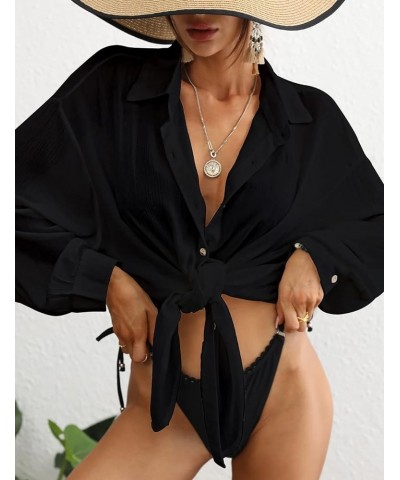 Swimsuit Coverup for Women Button Down Shirt Cover Up Beach Blouse Tops Black $12.80 Swimsuits