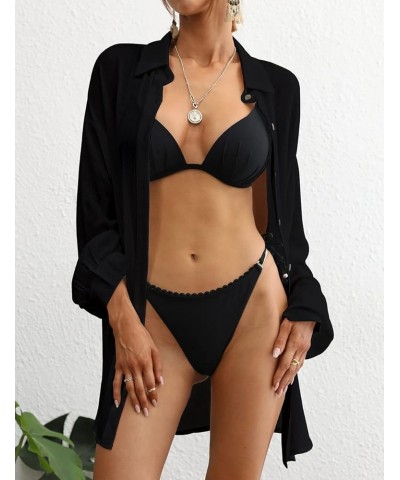 Swimsuit Coverup for Women Button Down Shirt Cover Up Beach Blouse Tops Black $12.80 Swimsuits