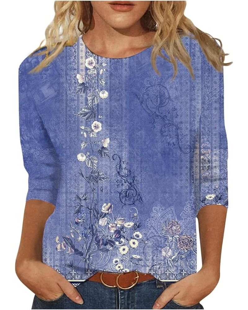 Womens Tops 2023 Summer 3/4 Sleeve Floral Printed Loose Tops Retro Crew Neck Stretch Going Out Shirts Baggy Blouses 01-blue $...