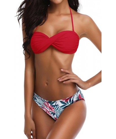 Women's Twist Halter Bandeau Bikini Set Strapless Bathing Suits String Two Piece Swimsuits Rose Red $18.48 Swimsuits