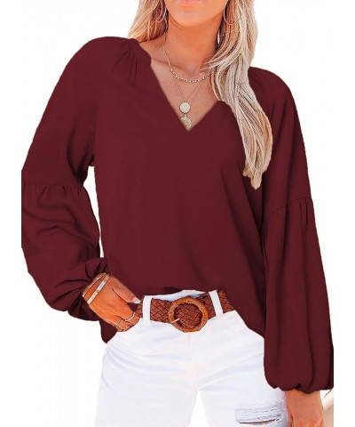 Plus Size Tops for Women V Neck Long Sleeve Loose Blouses Shirts XL-5XL Wine $17.81 Tops