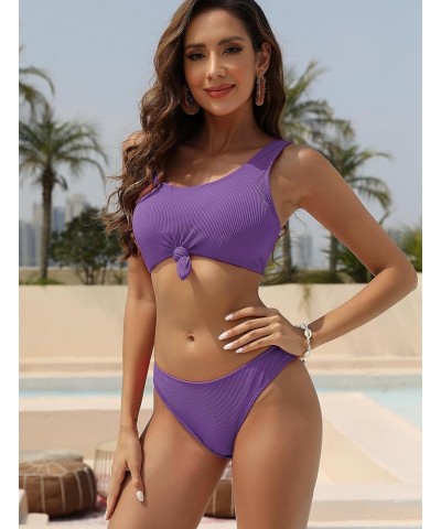 Women's High Waisted Bikini Scoop Neck Chest Kink Cheeky Swimsuit Two Pieces Bathing Suit 1-purple $10.32 Swimsuits