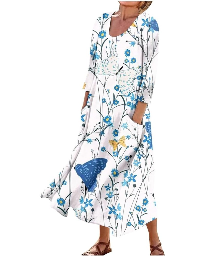 Plus Size Maxi Dresses for Women 2023 Boho Printed 3/4 Sleeve Dress U Neck Flowy Beach Sundresses with Pockets E36-light Blue...